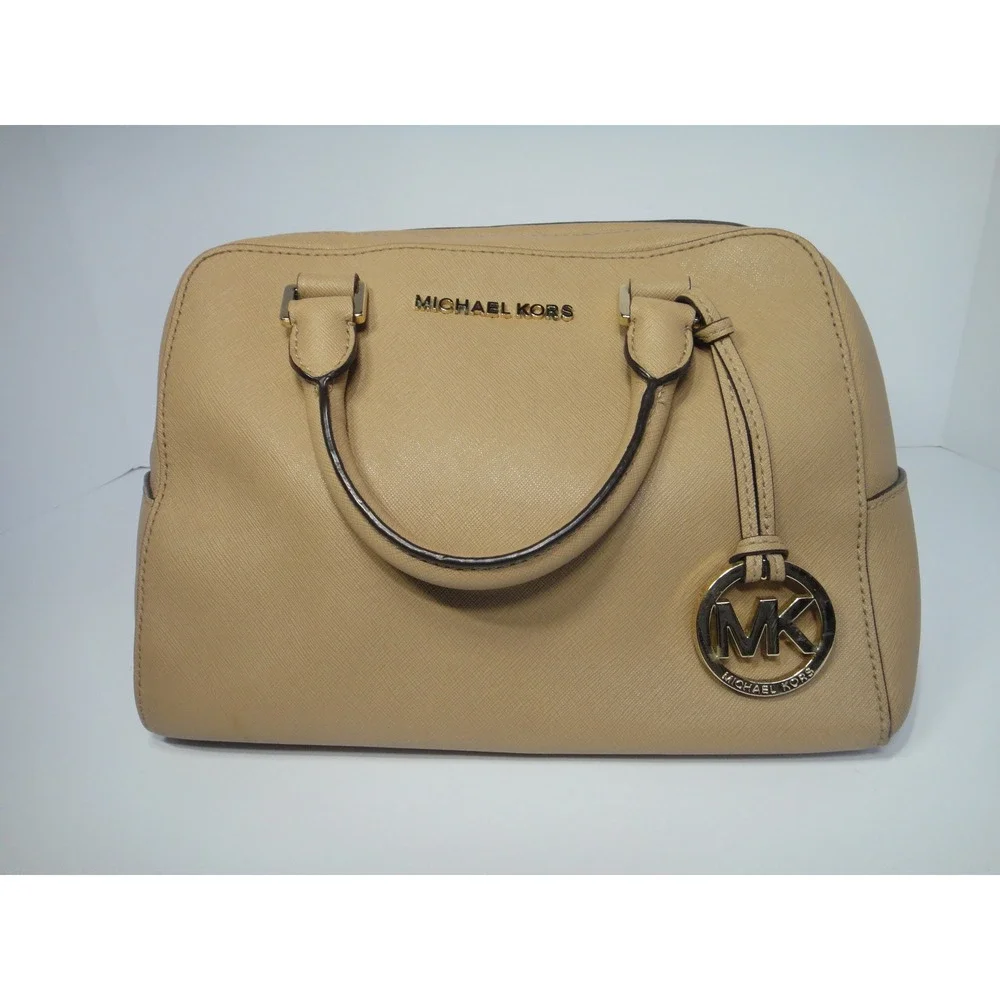 Michael Kors Tan Saffiano Leather Savannah Nude Satchel Bag Gold Hardware EUC